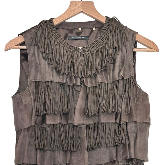 Elie Tahari Leather Silk XS Fringe Western brown layered cinched waist Rare Vest - Picture 7 of 14